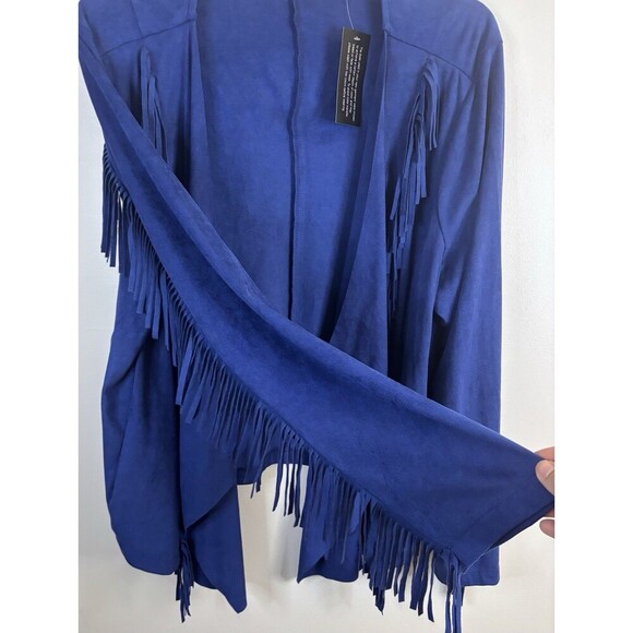 COLLEEN LOPEZ Faux Suede Fringe Open Jacket 1X Drape 3/4 Sleeve Blue Western - Picture 4 of 10